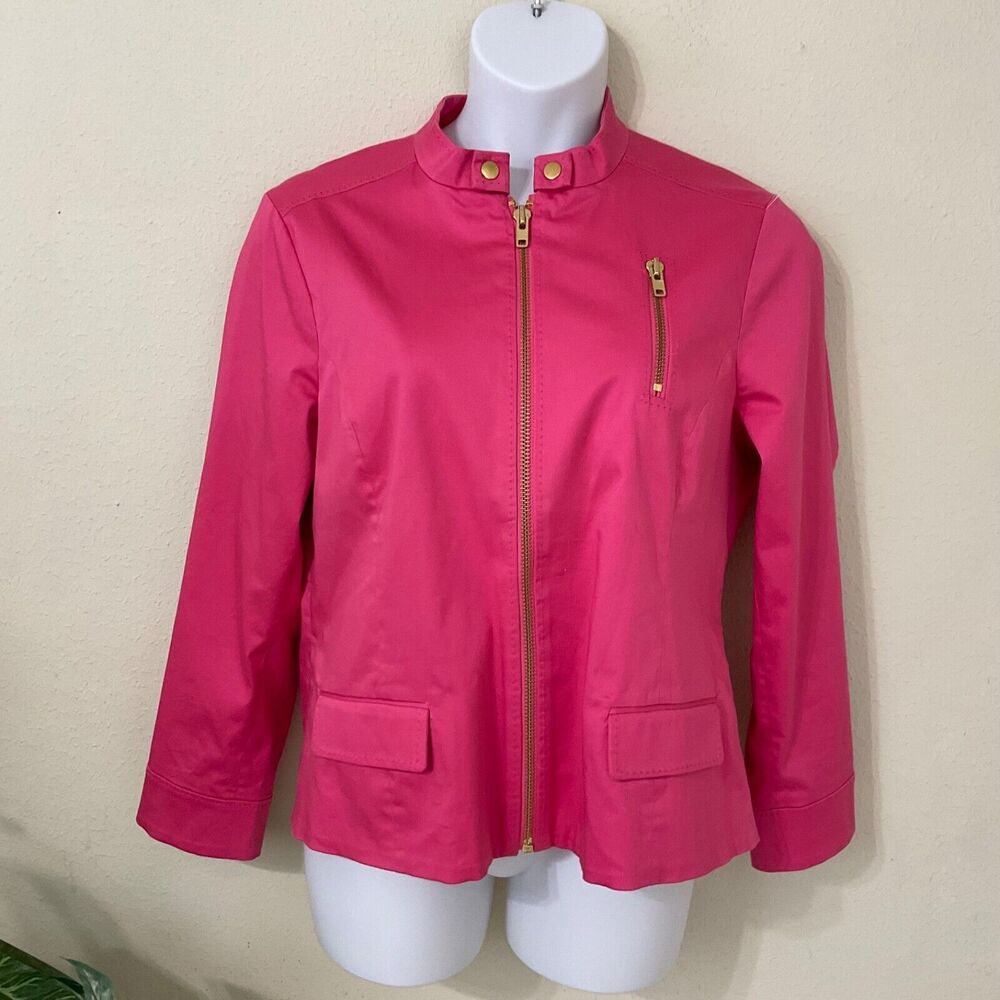 Chico's 3 Jacket Women's size XL/16 Pink Full zip Lined Jacket gold tone zippers